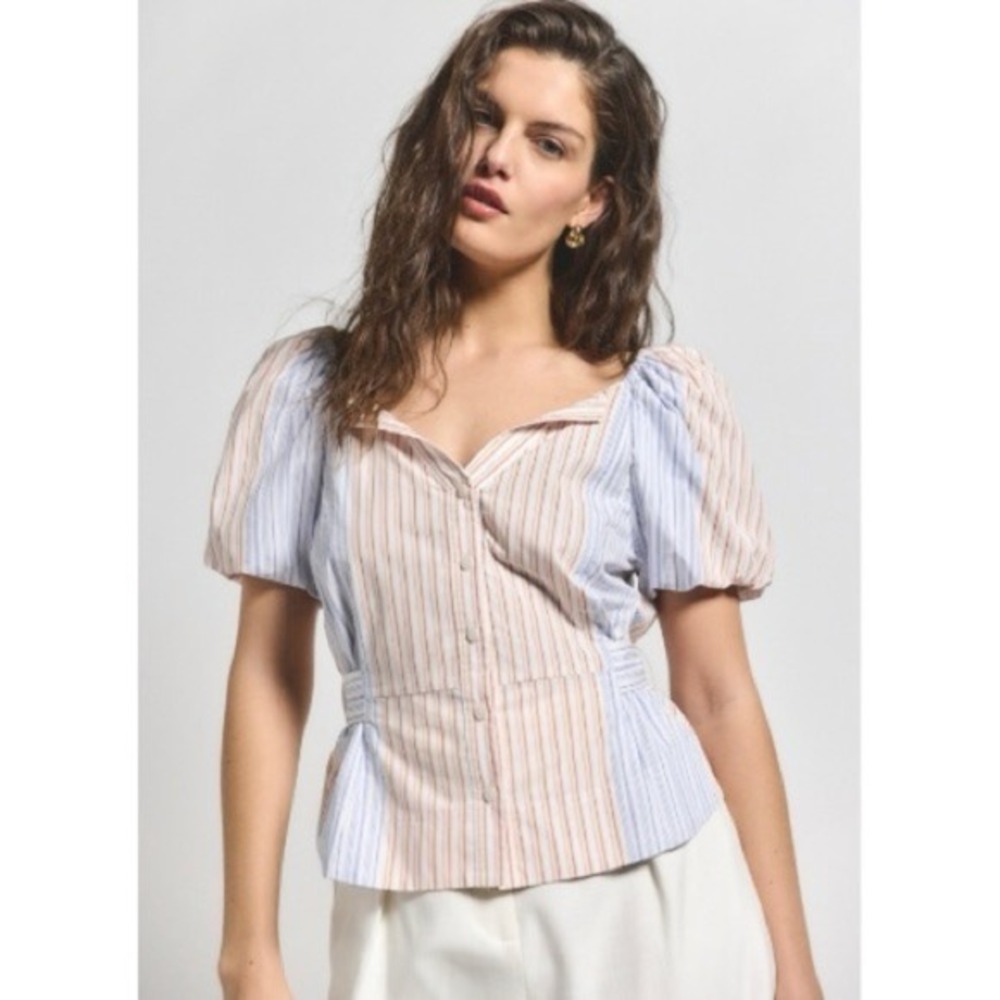New  Derek Lam Davina  Stripe Off the‎ Shoulder Belted Top Size 8